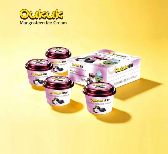 Oukuk Mangosteen Ice Cream - 4 cups and box packaging, Queen of Fruits flavor
