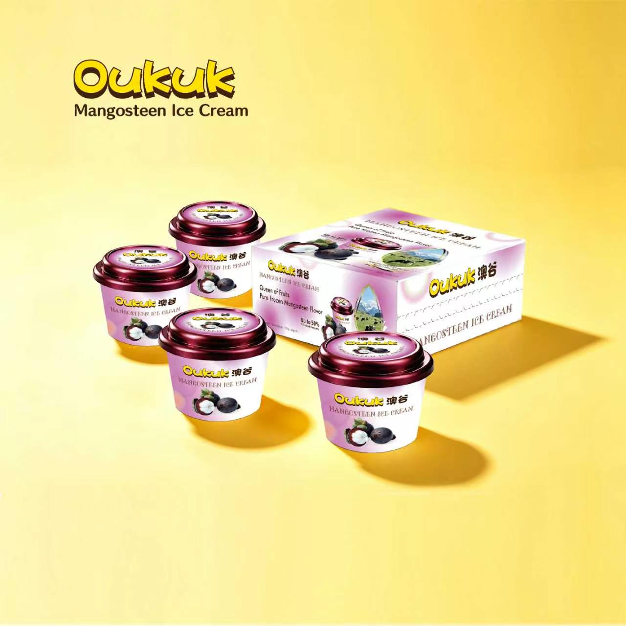 Oukuk Mangosteen Ice Cream - 4 cups and box packaging, Queen of Fruits flavor